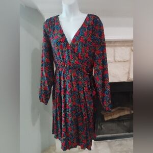 GAP Red & Blue Floral Long-Sleeve Wrap Dress Med